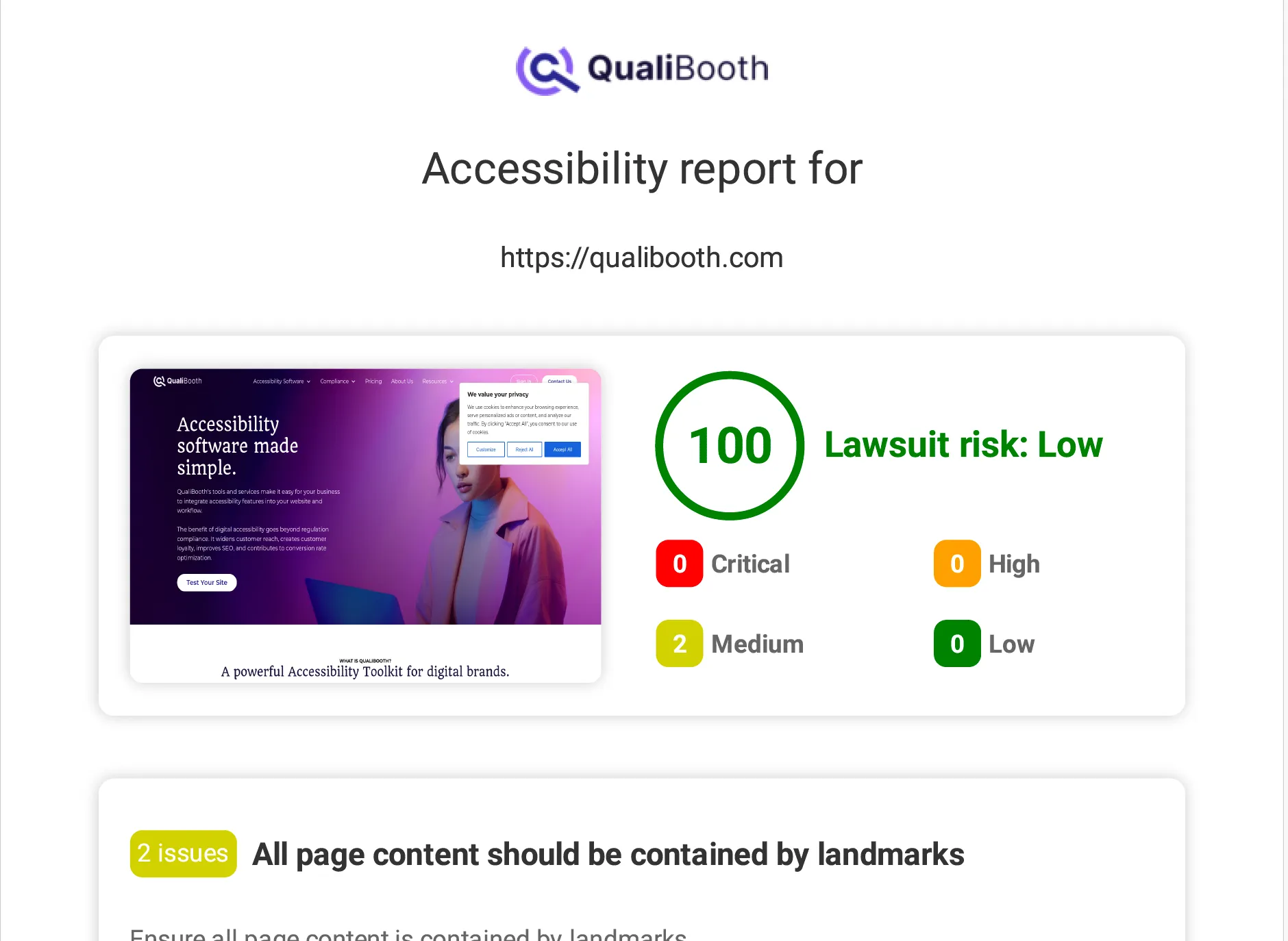 Screenshot of the QualiBooth Community Edition free accessibility scanner interface.