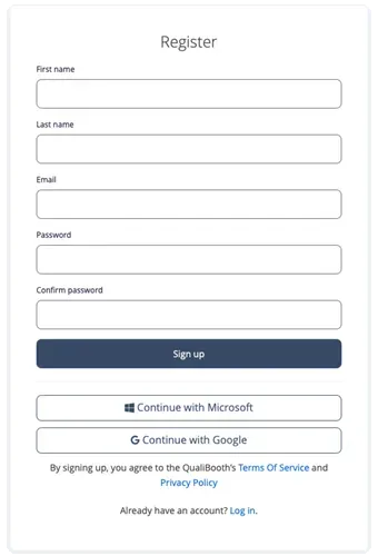 Screenshot of the QualiBooth account creation screen.