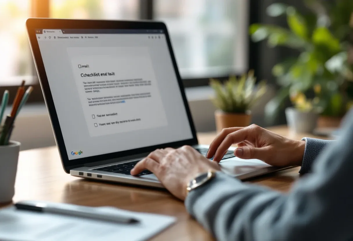 A person at a laptop reading an accessibility complaint email, with a structured response checklist visible beside them.