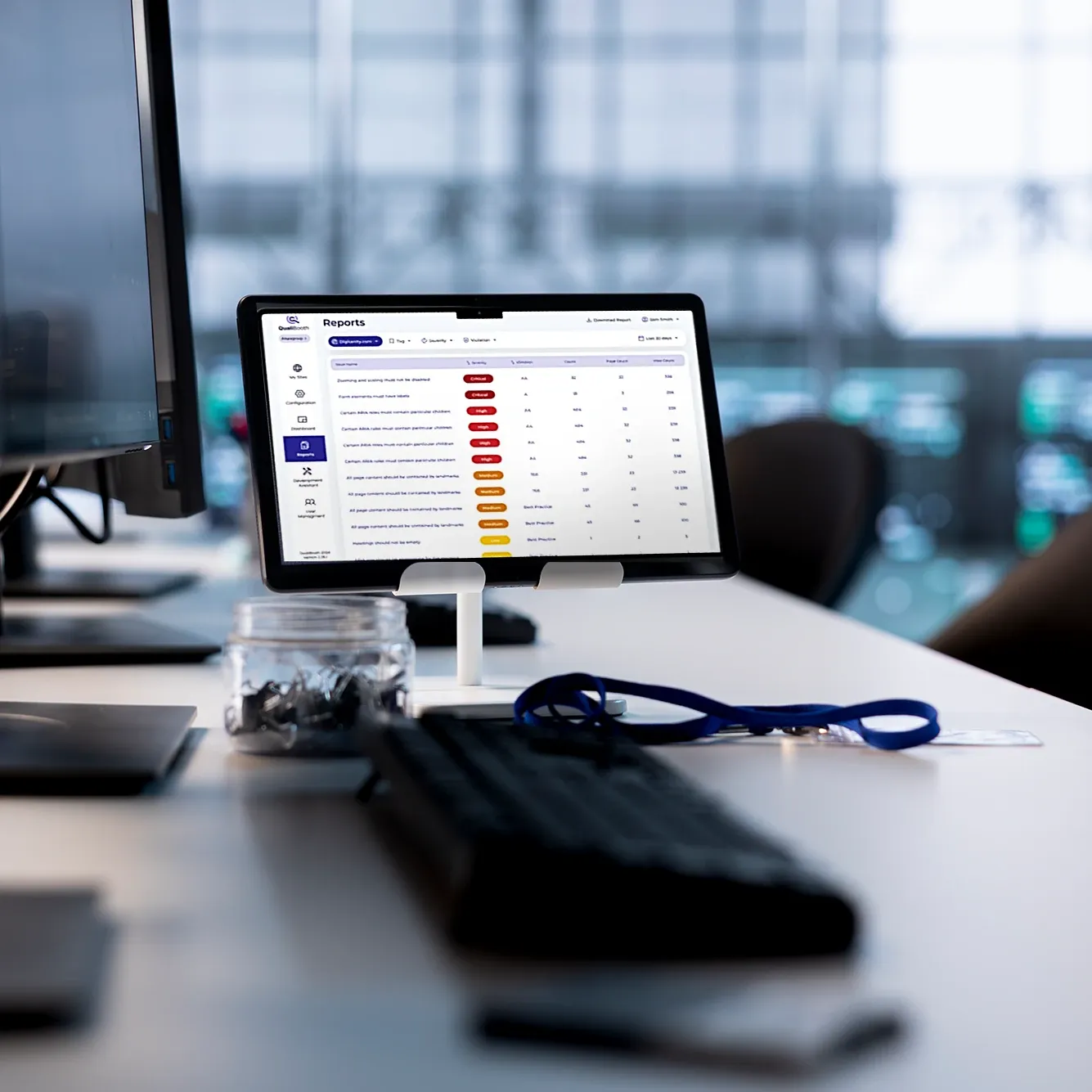 A digital accessibility monitoring dashboard showing compliance scores and issue trends.