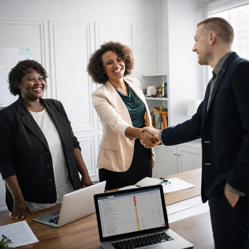 Professionals shaking hands during a meeting with laptops displaying data on the table.