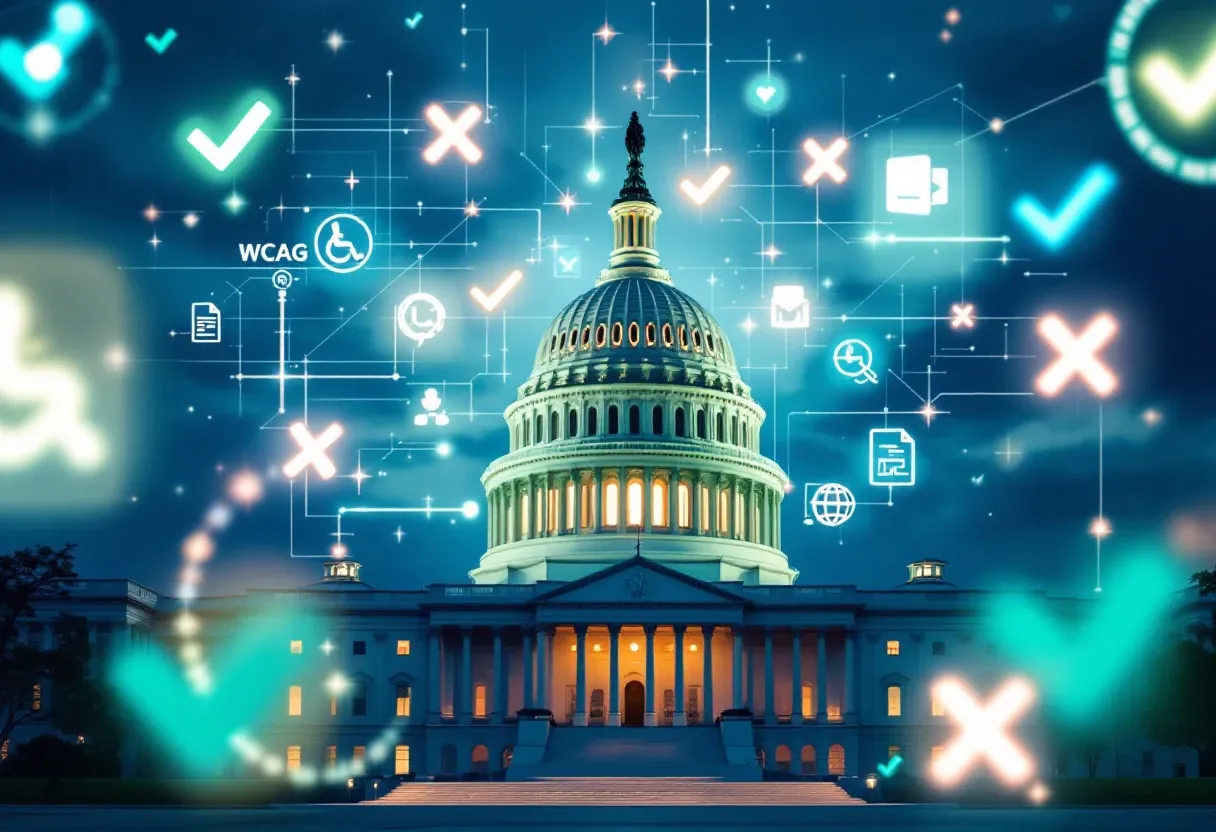 The United States Capitol building with glowing accessibility icons overlaid, representing Section 508 federal compliance.