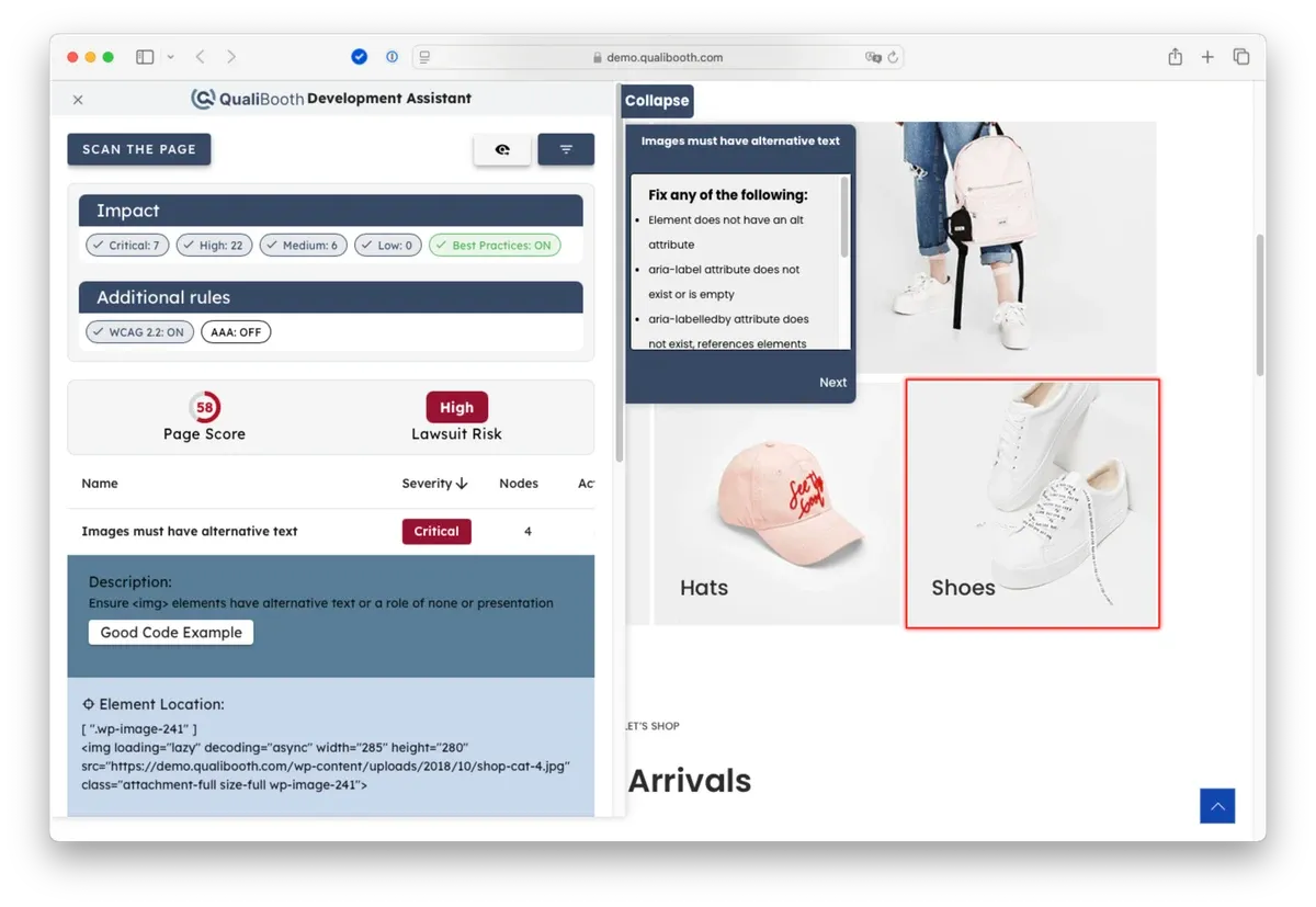A screenshot of the Solutions Assistant highlighting the ability to visually-locate issues on the page.
