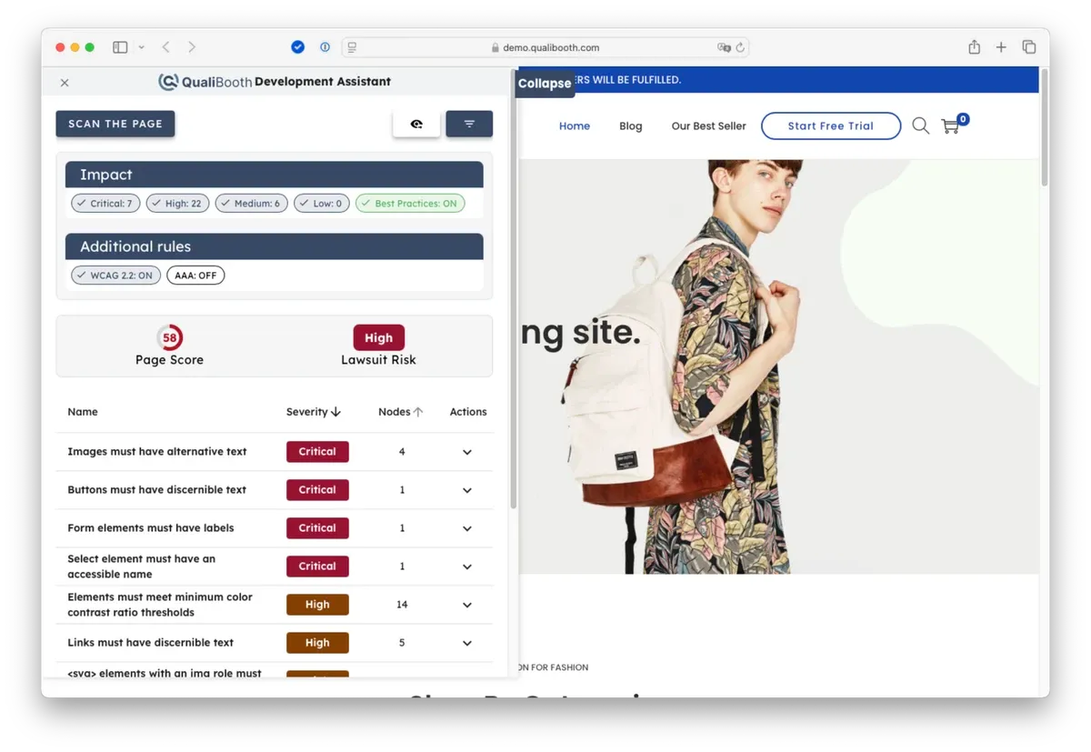 A screenshot of the QualiBooth Solutions Assistant showing a page scan of our demo website.