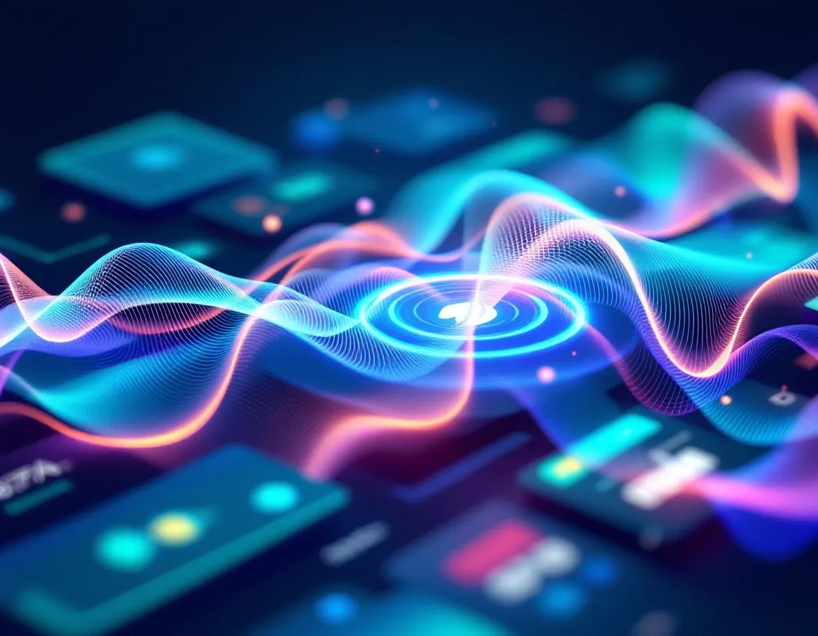 Abstract visualization of audio waveforms representing multiple screen readers announcing a web page.