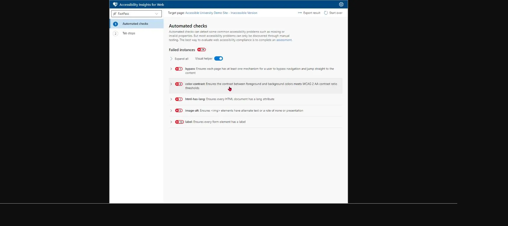 Accessibility Insights extension panel listing failed accessibility rules and instance counts, with issues highlighted on the live page.