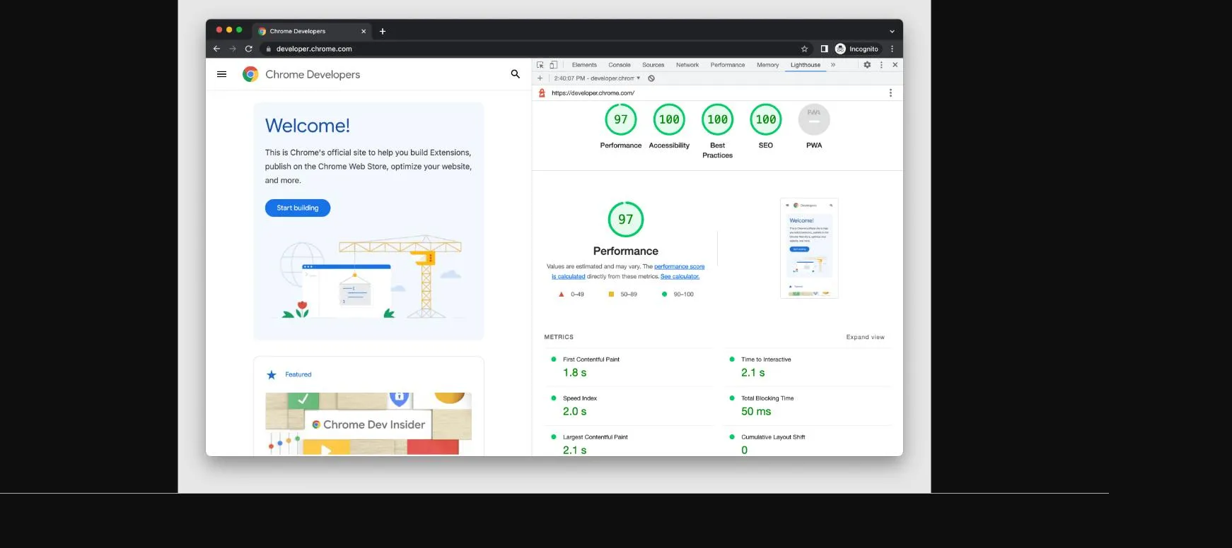 Google Lighthouse report in Chrome DevTools showing the accessibility score alongside performance, best practices, and SEO.