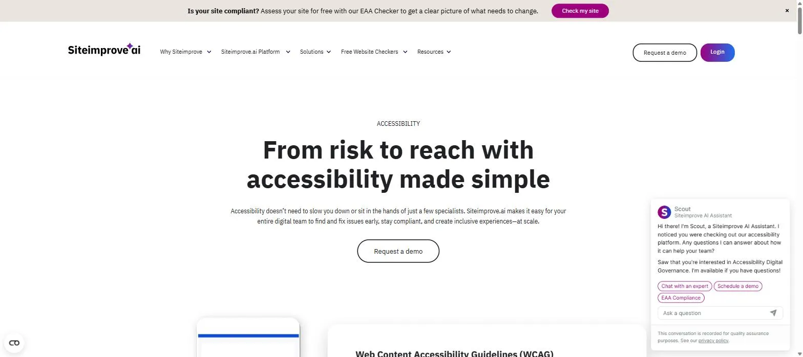 Siteimprove accessibility dashboard card showing content quality and brand compliance checks across a site.