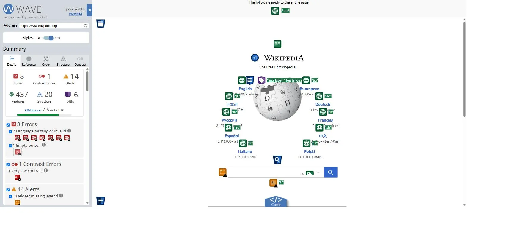 WAVE browser extension overlay highlighting accessibility errors, alerts, and features directly on a live page.