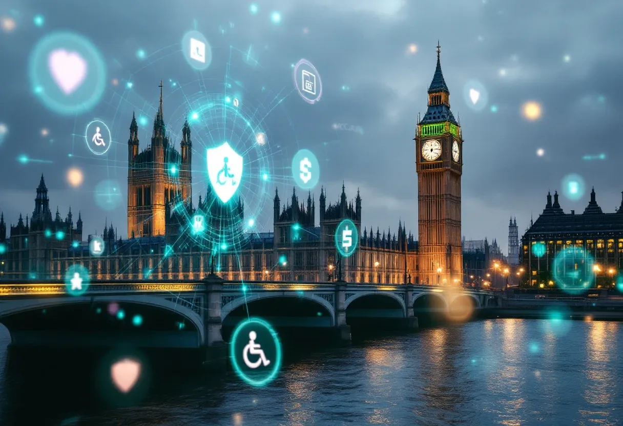 The Palace of Westminster and Big Ben with glowing accessibility icons overlaid, representing the UK PSBAR accessibility regulations.